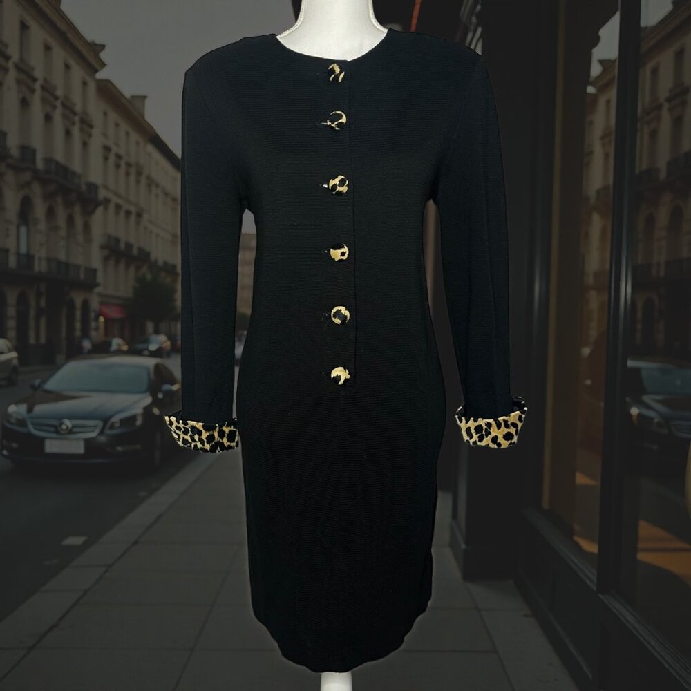 Vintage Stuart Alan Size 10 Black Leopard Dress Button Classic Cocktail Modest